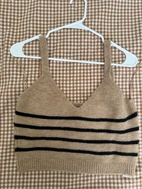 Zara Tan & Black Striped Knit V-Neck Crop Tank
